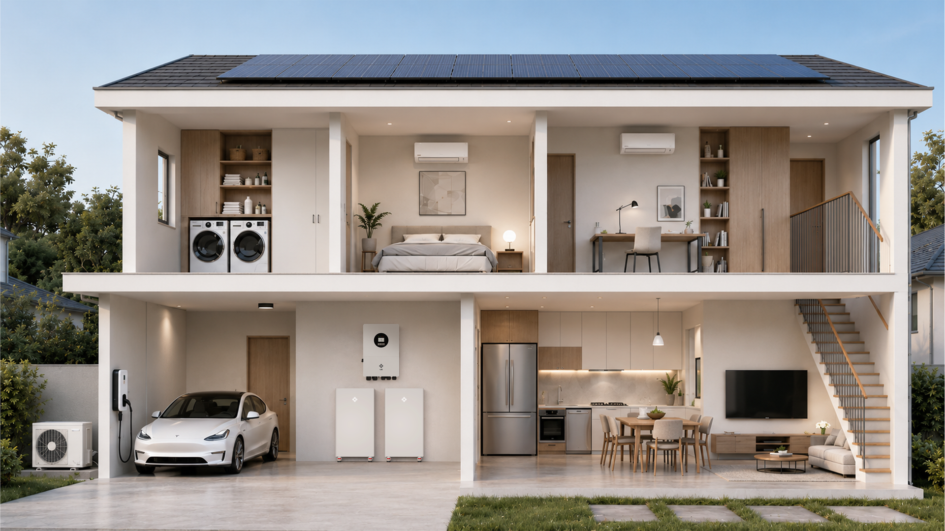 High-demand home scene with rooftop solar, EV charging, heat pump and household loads