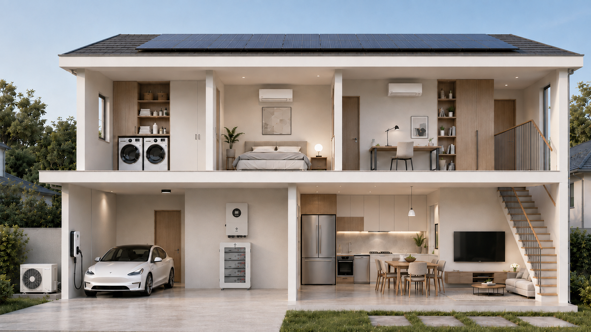 Model A home energy scene with garage, EV charging and rooftop solar